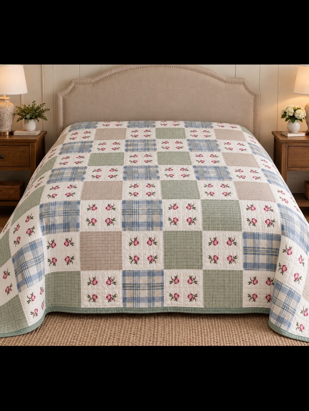 Sunham Quilt Queen Full Cottagecore Rose Patchwork Floral Plaid 86X84"